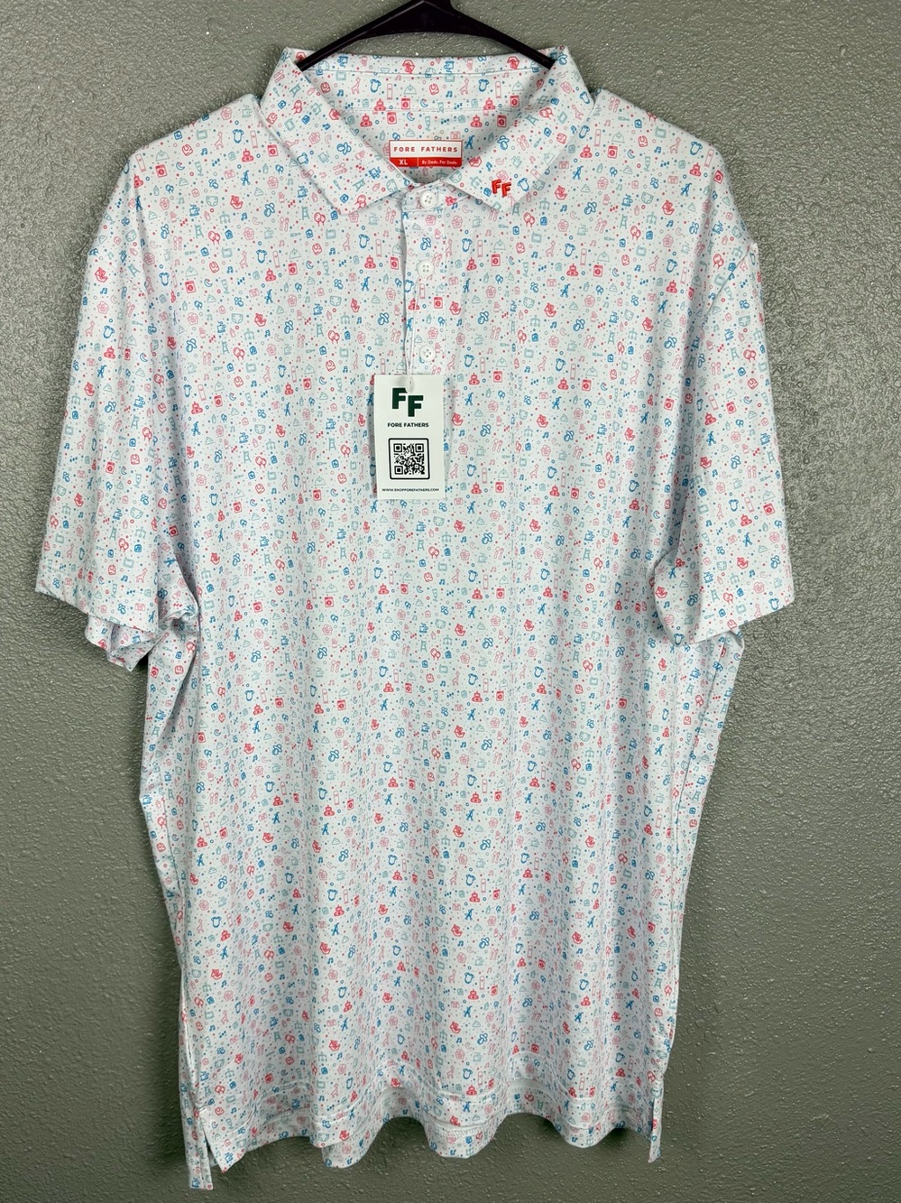 Fore Fathers He Got Kids Polo Shirt Men’s XL White Red Blue Short Sleeve Golf